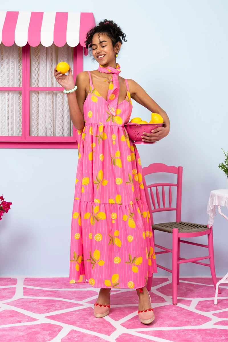 Athena Dress Pink Lemons Stripes Φόρεμα με Ζώνη & Τσέπες Petit Boutik - Image 2