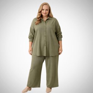 Σετ Plus Size Άνετο παντελόνι με πουκάμισο | Suga Style